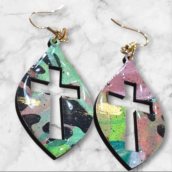 Hand Crafted Handmade Earrings Wood Colorful Religious Church Cross Boho E015 - Picture 4 of 4